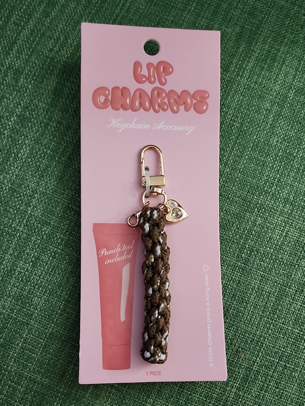Lip Charms Brown Braided Keychain With Heart Charm Accessory